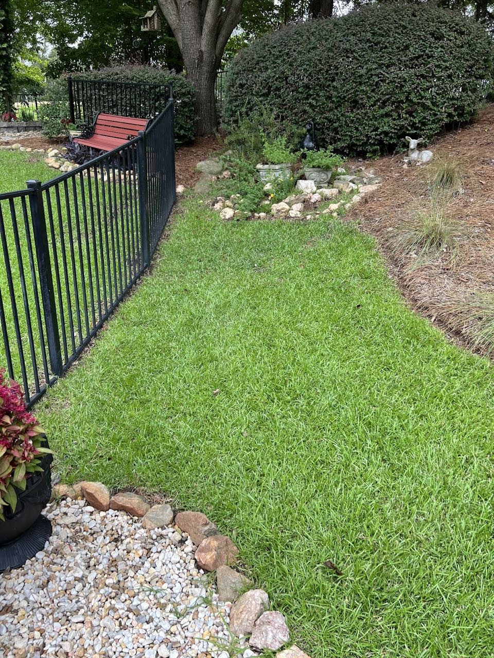 Clean manicured lawn along fence line with rock border